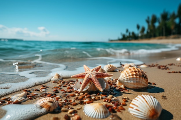 Conchas e estrelas-do-mar na praia fundo de verão generativo ai