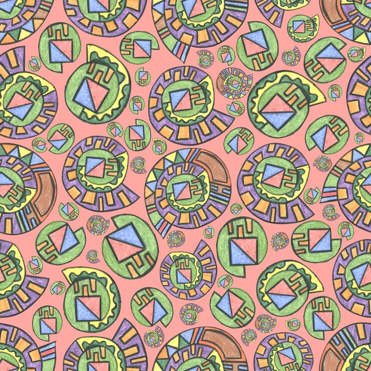 Foto conchas espirais abstratas formas geométricas círculos quadrados triângulos cachos multicoloridos desenhados com lápis de cor padrão sem emenda para têxteis tecido papel papel de parede capas scrapbooking