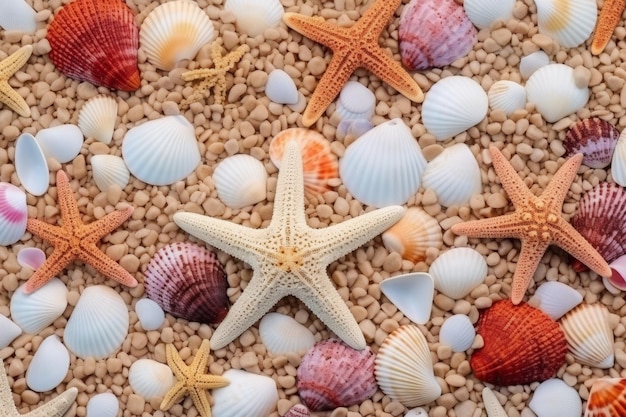 Foto conchas y estrellas de mar en la arena