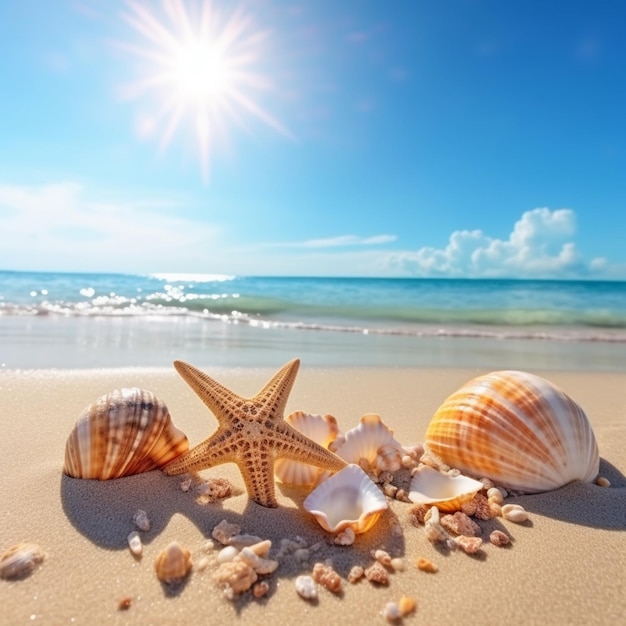 Conchas y estrellas de mar en una hermosa playa tropical y mar con cielo azul