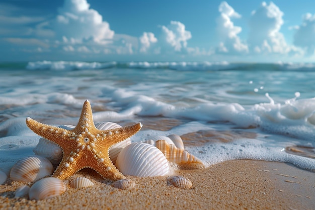 Las conchas de las estrellas de mar y las olas acarician la arenosa costa