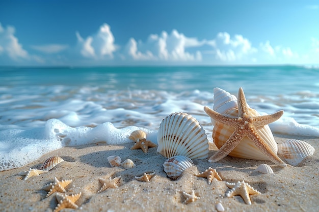 Las conchas de las estrellas de mar y las olas acarician la arenosa costa