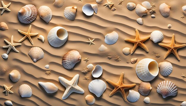 Foto conchas y estrellas de mar en una playa de arena