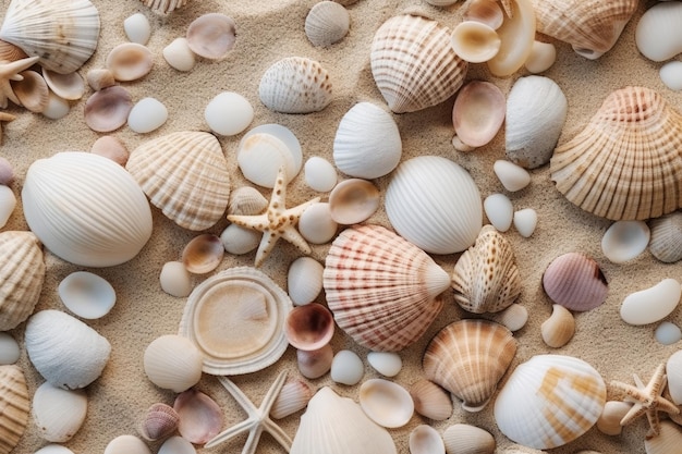 Conchas y estrellas de mar en una playa