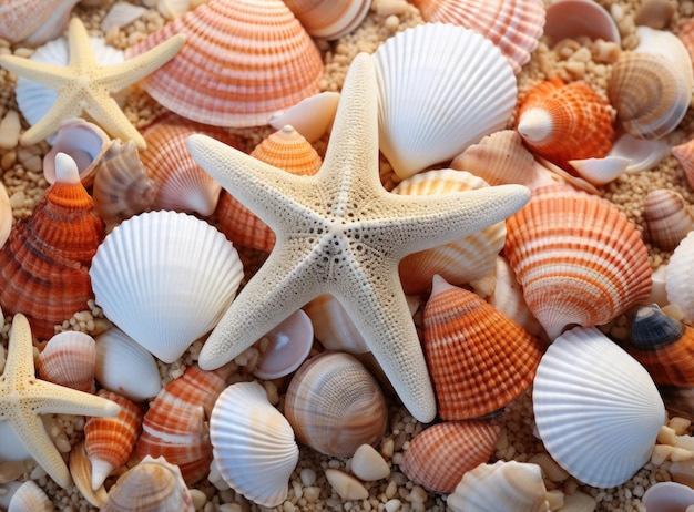 Las conchas y las estrellas de mar en la playa