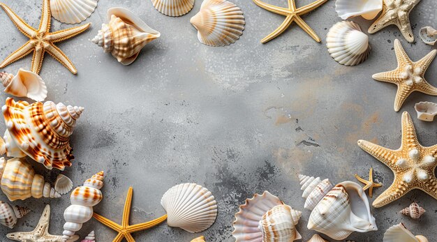 Foto conchas y estrellas de mar sobre un fondo gris