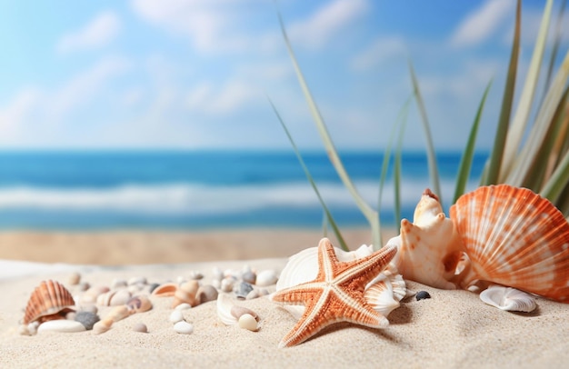 Conchas generativas de IA y estrellas de mar en la playa de arena