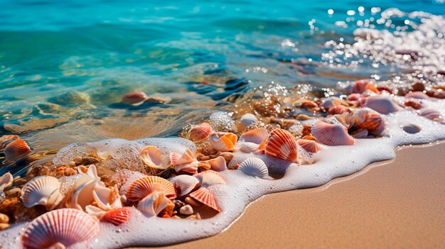 conchas de mar en el concepto de vacaciones de playa de arena