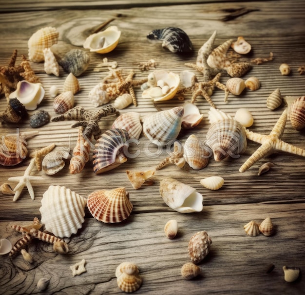 Conchas de mar en una mesa de madera