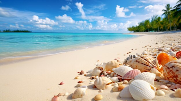 Conchas de mar en la playa de arena Maldivas