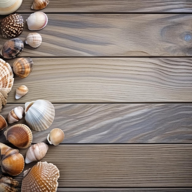 Conchas de mar sobre un fondo de madera