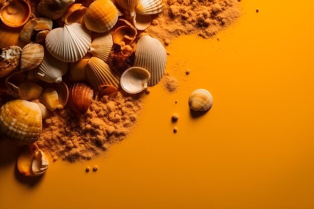 Conchas de mar sobre un fondo naranja con copyspace