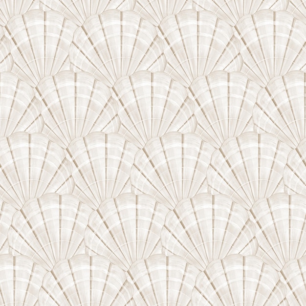 Las conchas de mar, las vieiras, el patrón sin costuras sobre un fondo blanco, la ilustración en acuarela en colores pastel.