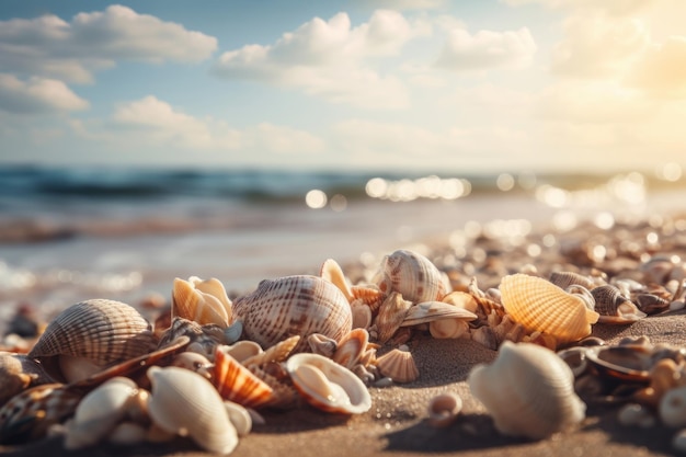 Las conchas marinas brillan en una playa creando un exótico paisaje tropical de vacaciones