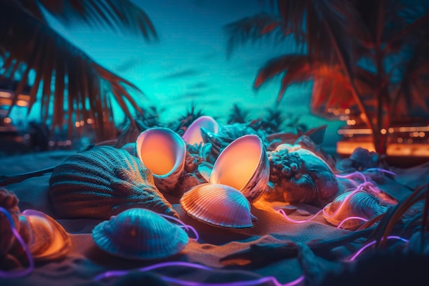 Conchas marinas en colores neón IA generativa