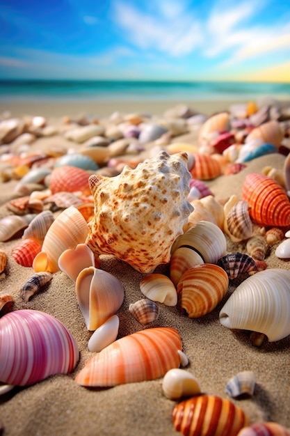 Conchas marinas coloridas esparcidas en la playa de arena creadas con ai generativo