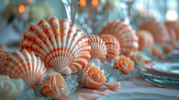 Las conchas marinas de coral pastel delicadamente colocadas en el papel tapiz