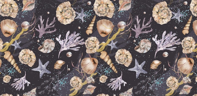 Conchas marinas Corales Estrellas de mar Algas Perlas Algas marinas Ilustración en acuarela sin costuras Patrón negro