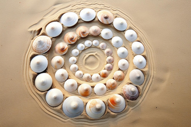 Foto las conchas marinas dispuestas en espiral en la arena