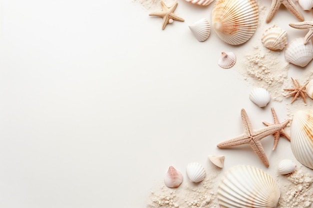 conchas marinas y estrellas de mar en blanco con espacio de copia