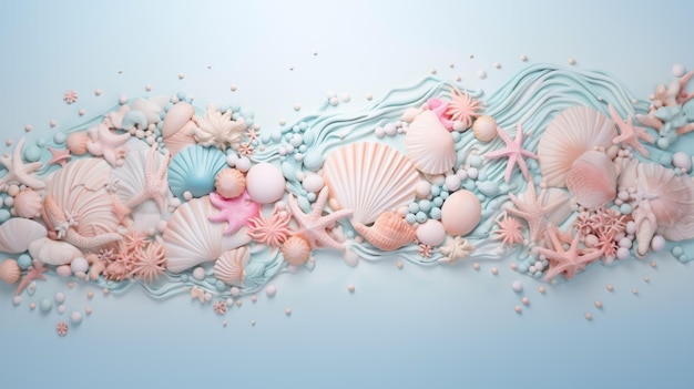 Las conchas marinas, las estrellas de mar y las perlas en colores rosa y azul pastel con espacio para copiar