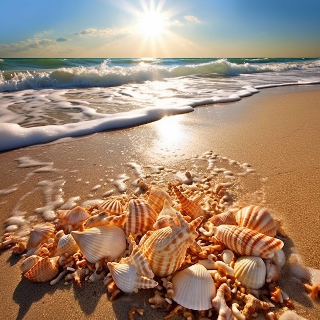 Conchas marinas en la playa al atardecer Hermoso paisaje marino