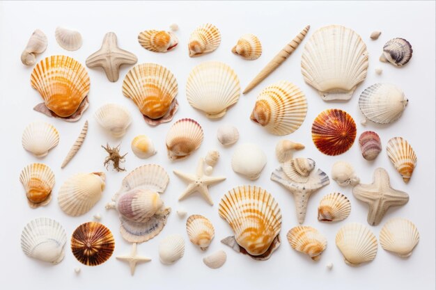 Foto las conchas marinas relucientes un cautivador contraste en un lienzo blanco