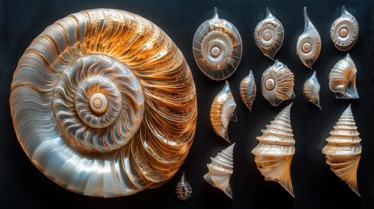 Foto conchas marinas sobre un fondo negro