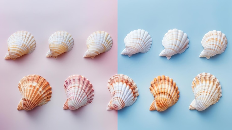 Foto las conchas marinas sobre un fondo rosa y azul