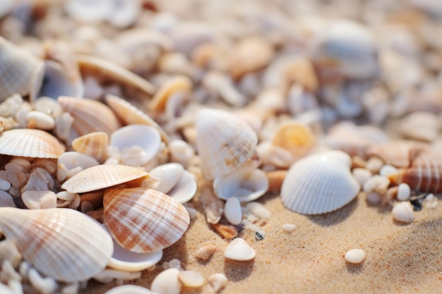 Conchas marinhas colocadas na praia de areia branca, mar, praia tropical, cenário de litoral arenoso