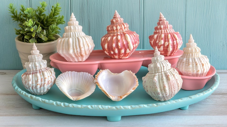 Foto conchas marinhas coloridas em bandejas turquesa e rosa