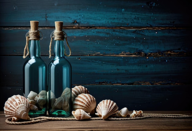 Conchas marinhas dispostas sobre um fundo azul com corda e garrafas