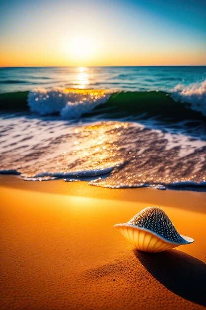 Foto conchas marinhas e fragmentos de corais detritos marinhos na praia dourada luz do sol da manhã com areia brilhante e mar