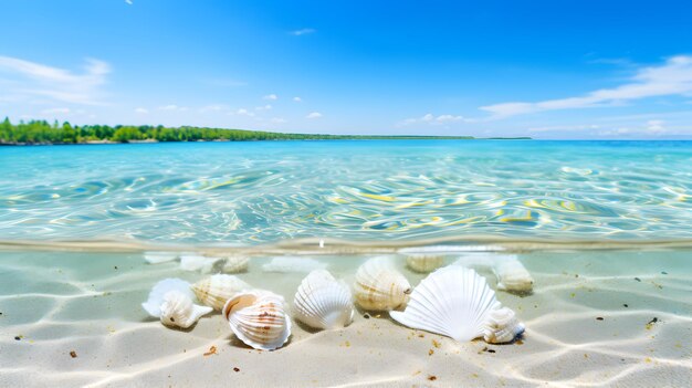 Foto conchas na água do mar fundo da praia de verão