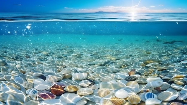 Foto conchas na água do mar fundo da praia de verão