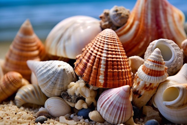 Conchas na areia da praia IA generativa