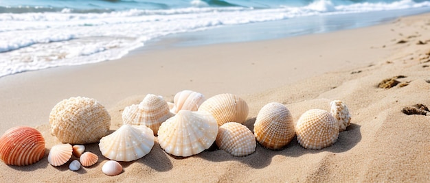 Conchas na areia do litoral do mar Generative AI