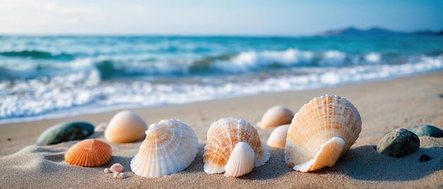 Conchas na areia do litoral do mar Generative AI