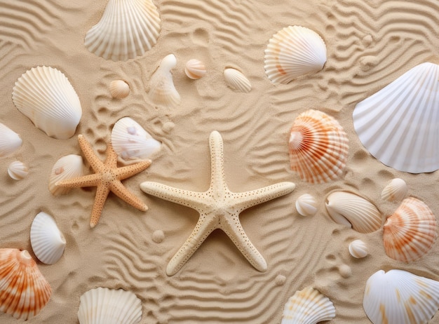 Conchas na areia Fundo de férias de verão do mar com espaço para o texto Criado com tecnologia de IA generativa