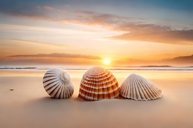 Conchas na praia ao pôr do sol