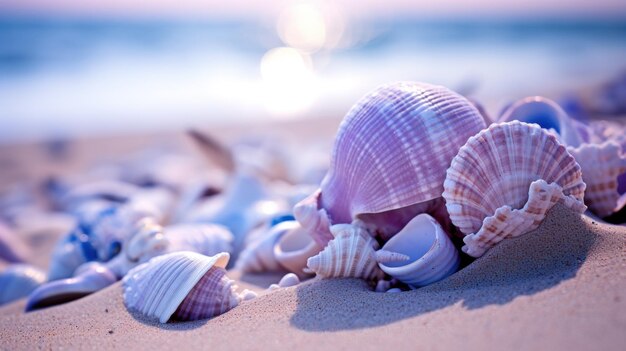 Conchas na praia ao pôr-do-sol