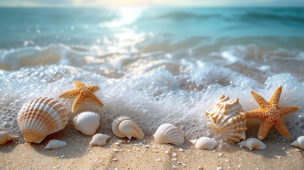 Conchas na praia com espuma marinha Fotografia de natureza em close-up