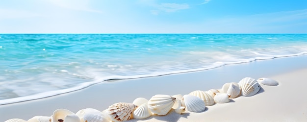 Conchas na praia de areia No fundo da praia de verão