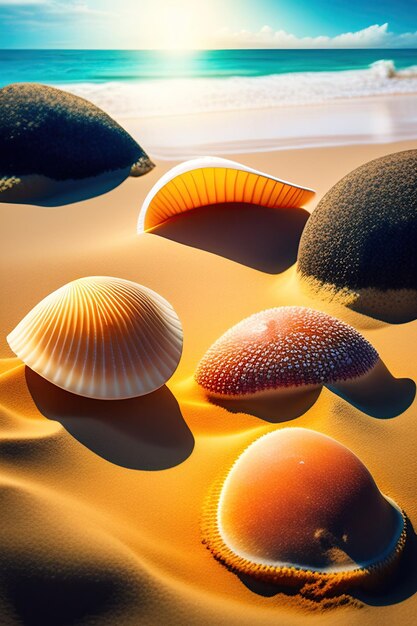 Conchas na praia de areia Praia tropical com conchas na areia Conceito de férias de verão