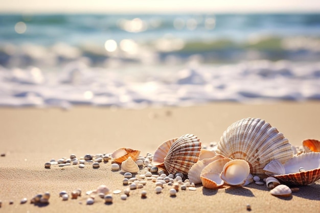 conchas na praia e mar ao fundo