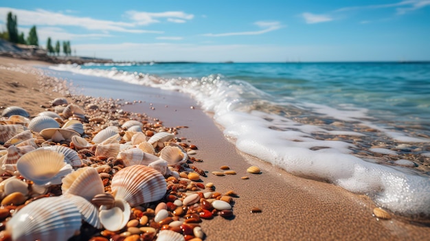 Conchas numa praia com um céu azul e ondas