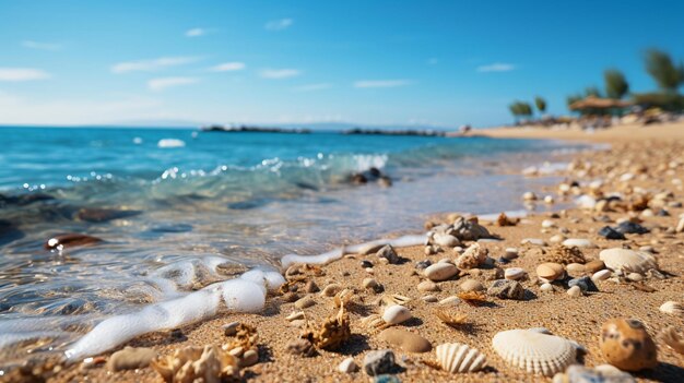 conchas en la playa y el agua al fondo