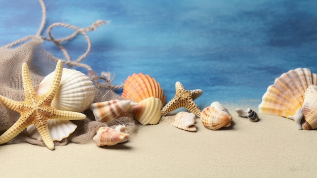 Conchas en la playa con un fondo azul.