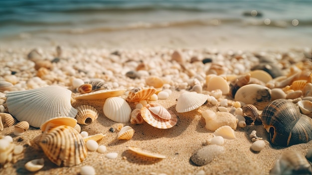 Conchas en la playa con el mar de fondo