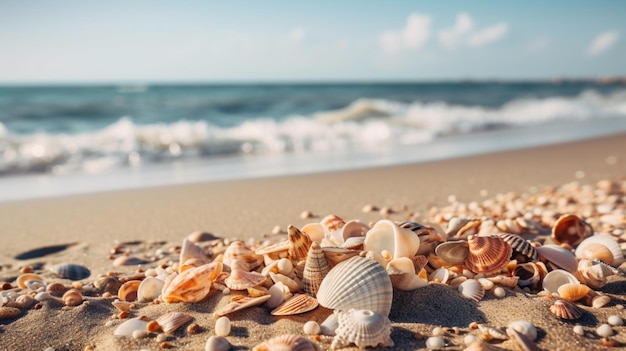 Conchas en la playa con el mar de fondo